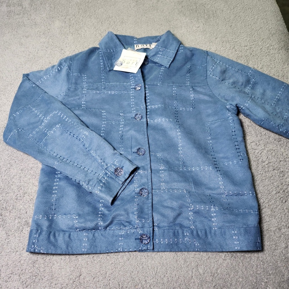 Keren Hart Womens M Shirt Jacket Blue Faux Suede Embroidered Grid Shacket 6228